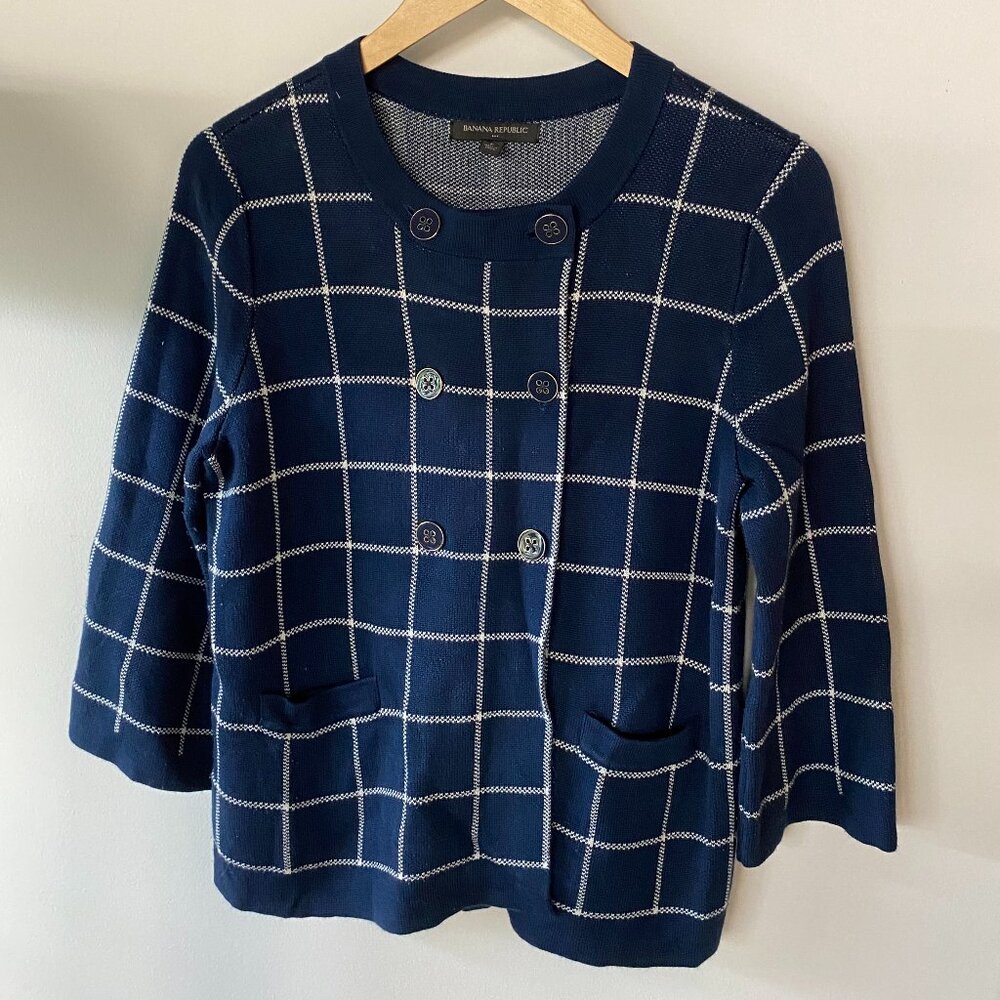 navy blue plaid button-front cardigan